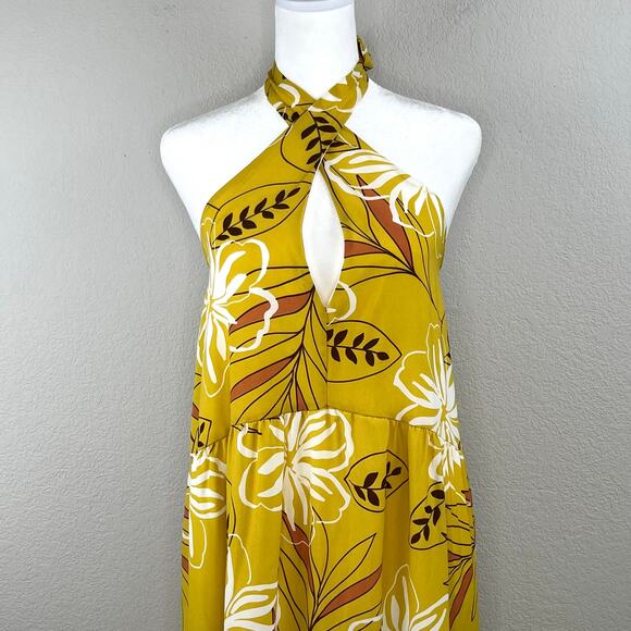 Mustard Yellow Boho Floral Backless Halter Tie Tiered Maxi Sundress Small New - Picture 6 of 14
